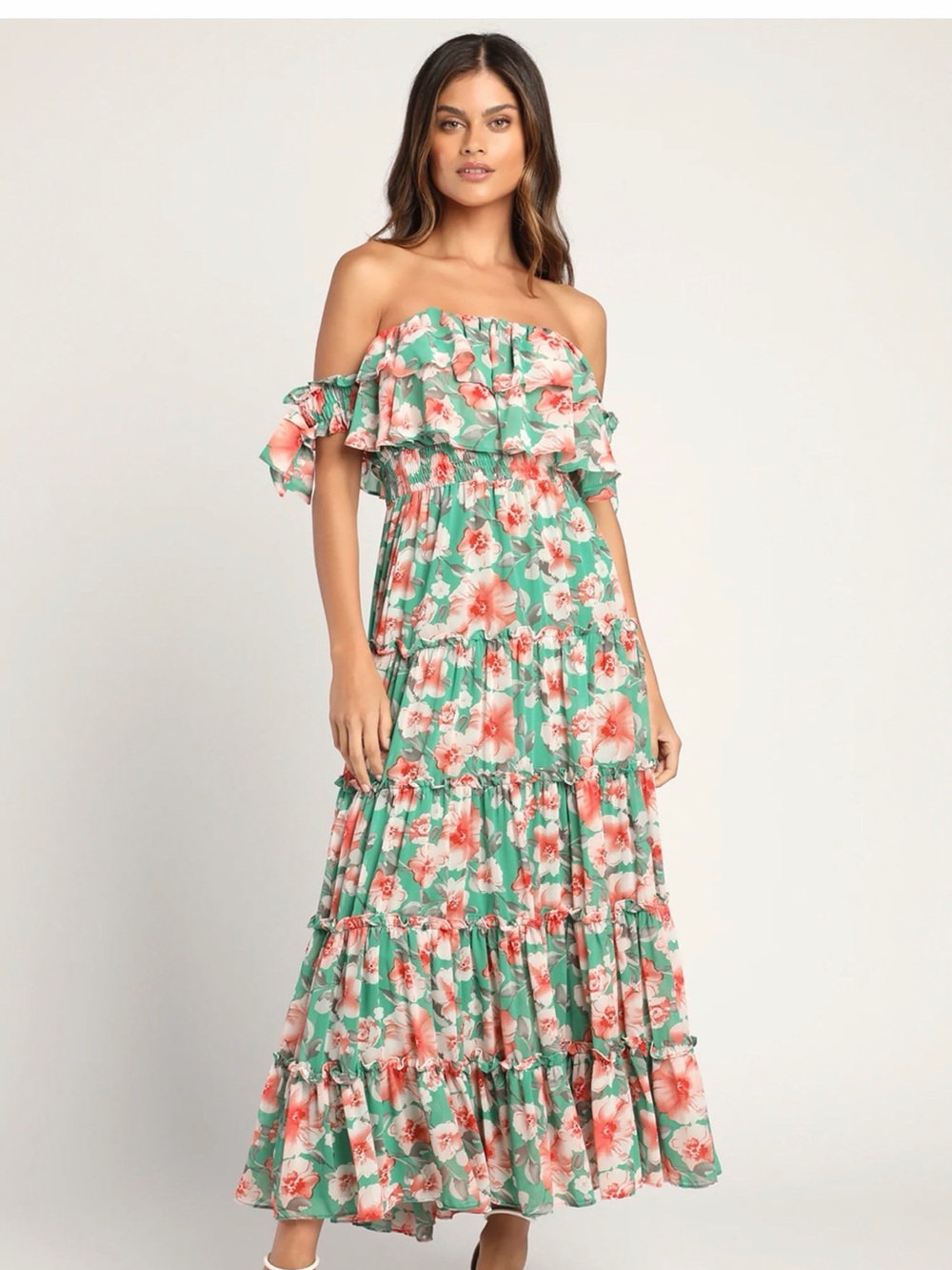 Lulu’s Chance For Us Green Floral Off-the-Shoulder Ruffled Maxi Dress